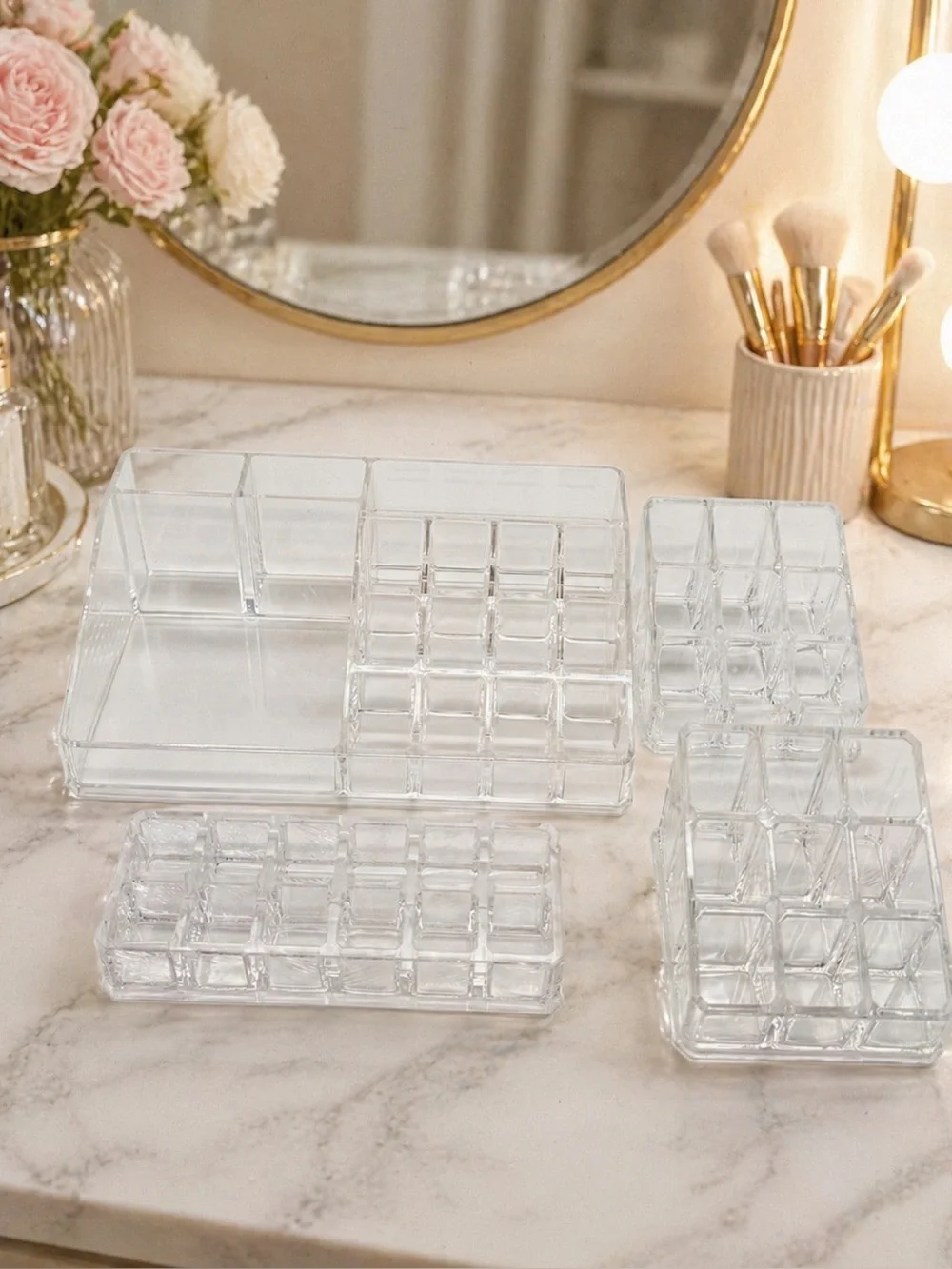 Clear Acrylic Makeup Organizer Set 4pc Lipstick Holder Vanity Storage